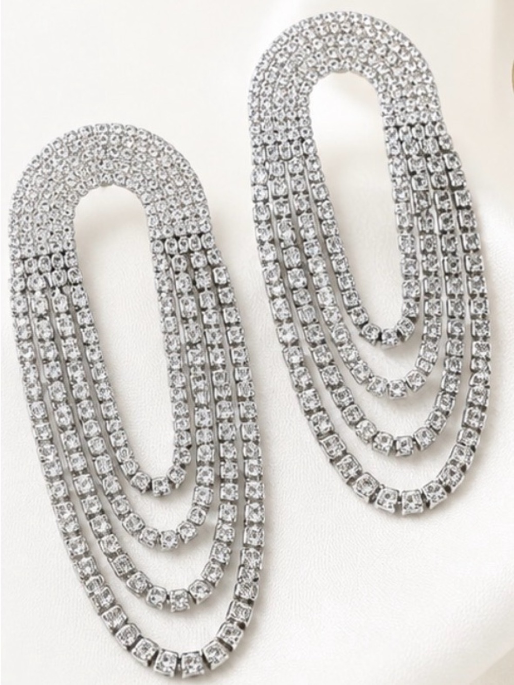 Crystal Waterfall Rhinestone Statement Earrings – Silver Tone
